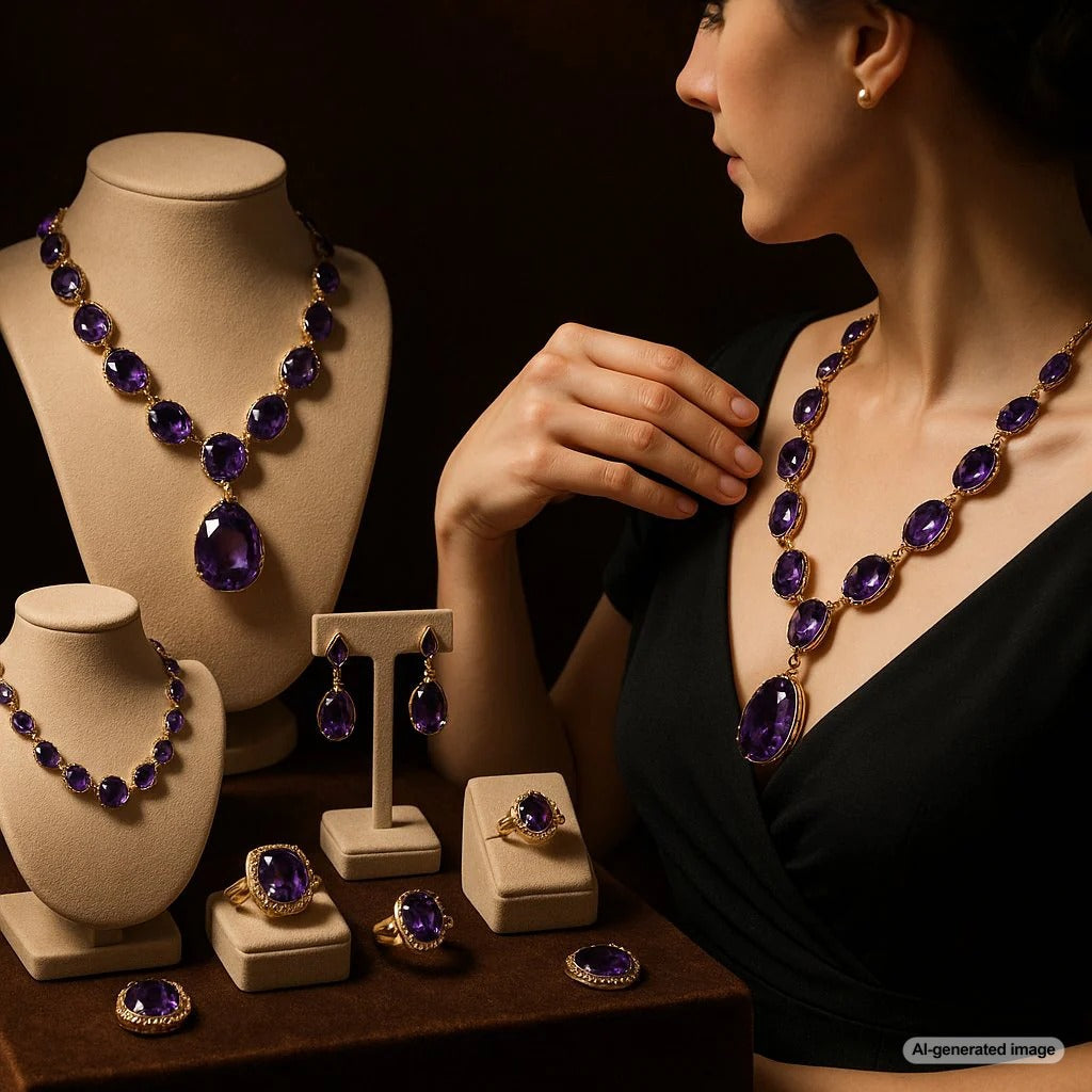 A deep purple amethyst gemstone ring set in gold, showcasing its brilliant violet color and regal elegance.