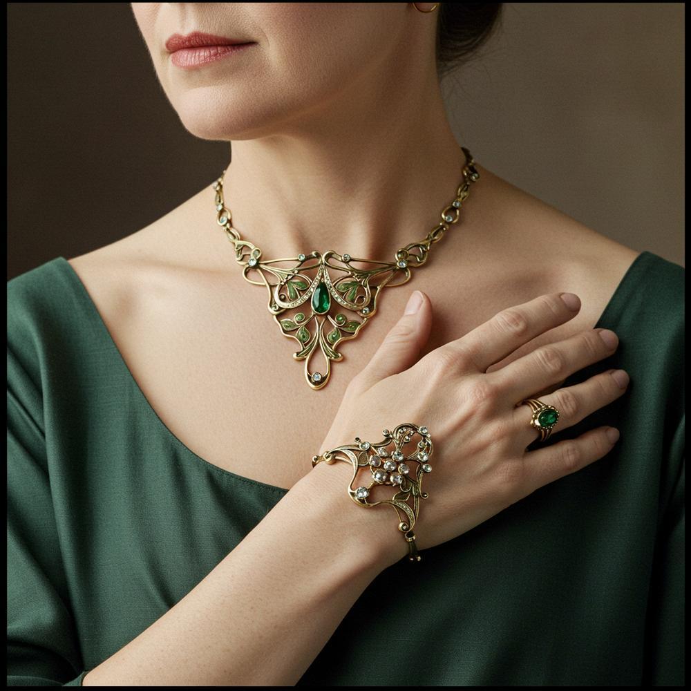 Art Nouveau jewelry featuring intricate floral designs and vibrant gemstones