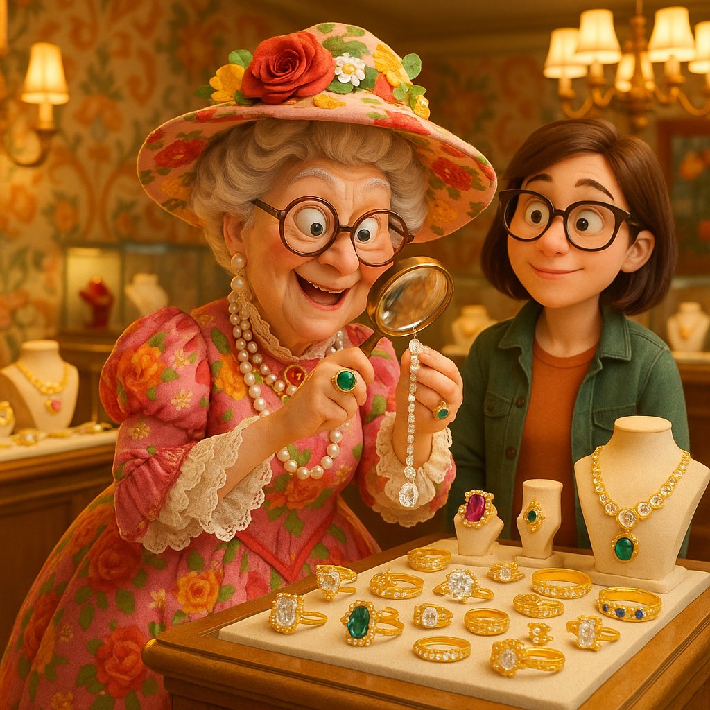 A collection of Victorian revival and Grandma Core style jewelry featuring filigree rings, locket necklaces, and pearl strands displayed on a velvet surface