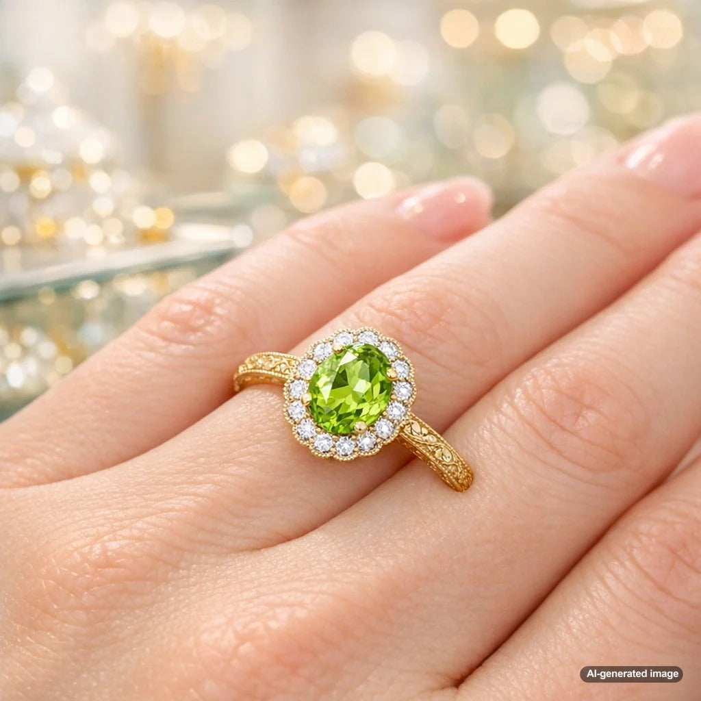 A close-up of a stunning vintage-inspired peridot engagement ring with intricate filigree detail, set in yellow gold on a woman's hand.