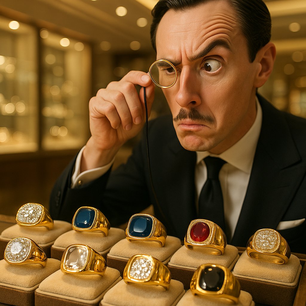 Modern and vintage signet rings displayed together at Robinson's Jewelers