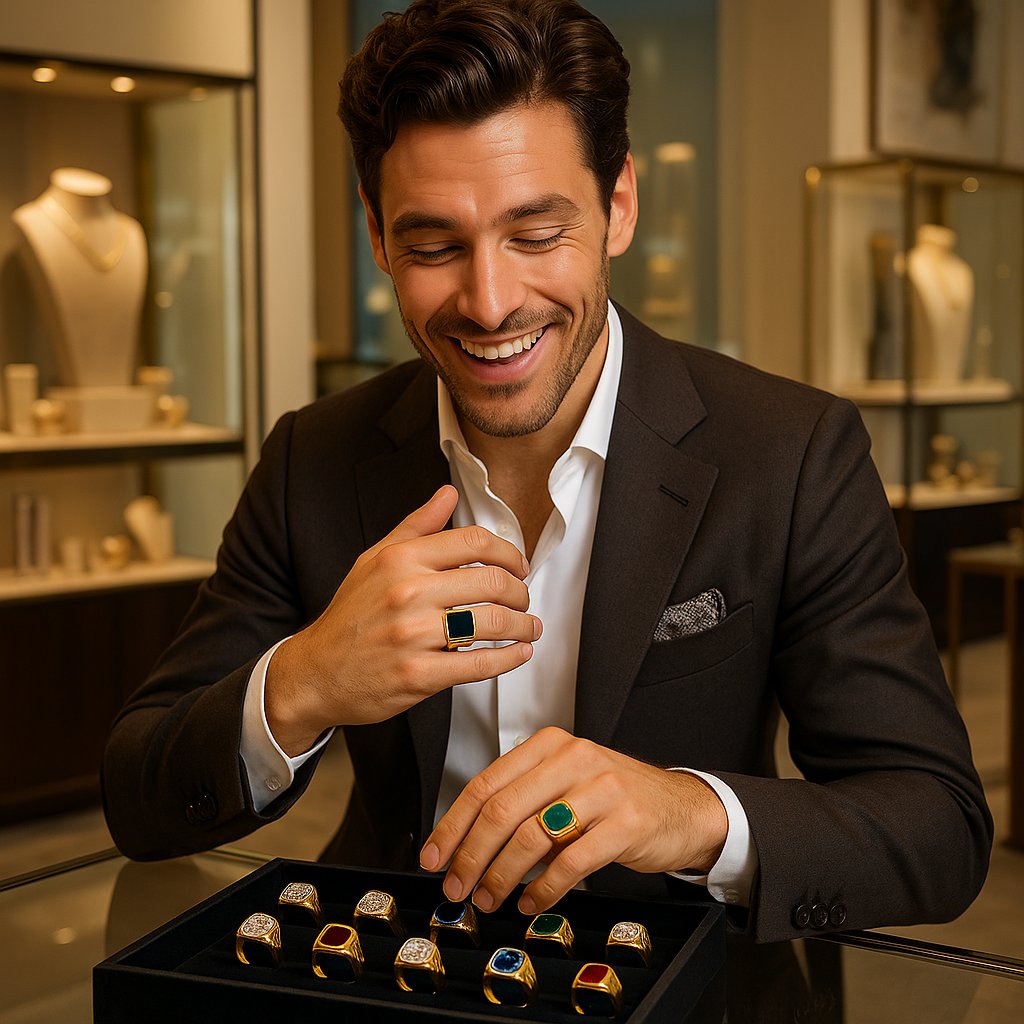 Modern man wearing a classic gold signet ring with detailed engraving