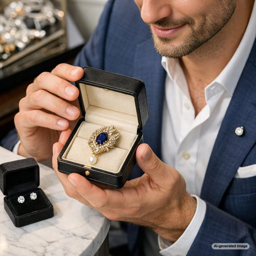 A stylish man wearing a tailored blazer with a decorative gold and diamond brooch pinned to the left lapel.