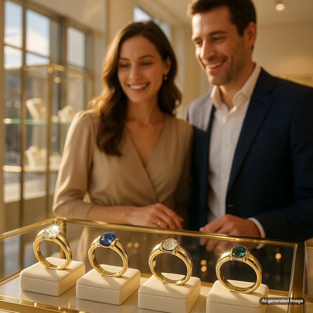 Close-up image of a stunning modern engagement ring with a diamond in a sleek half-bezel setting on a delicate gold band.