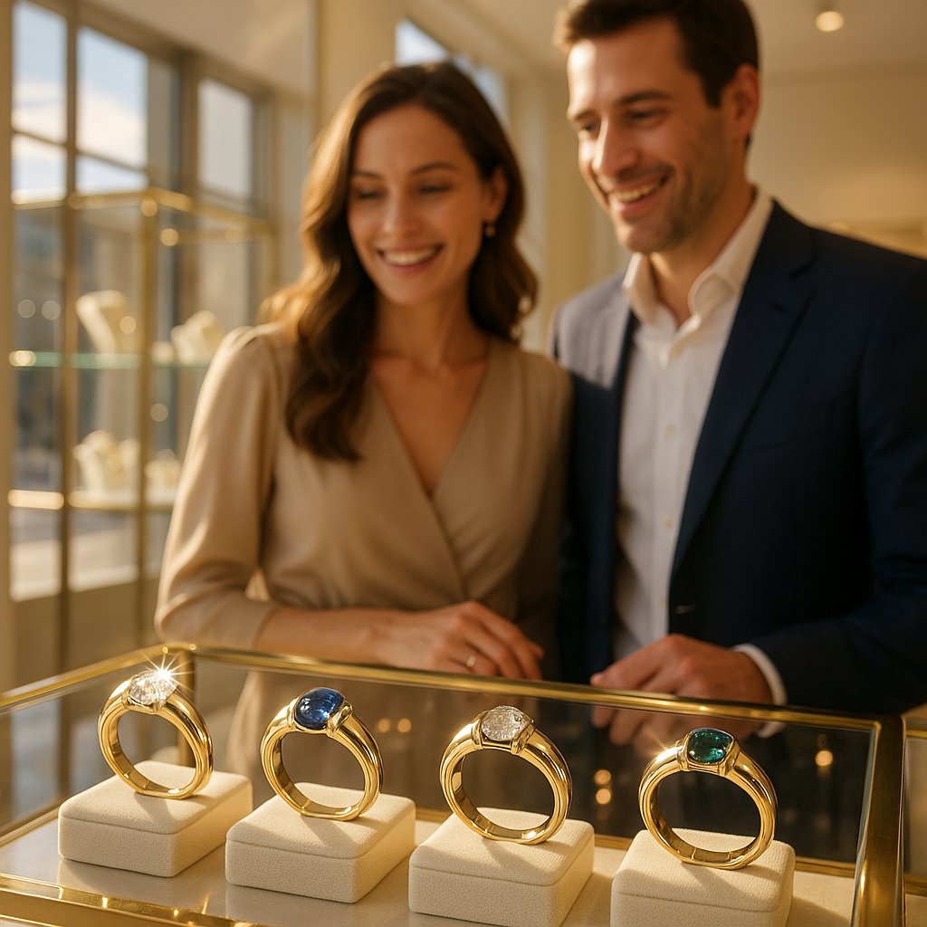 Close-up image of a stunning modern engagement ring with a diamond in a sleek half-bezel setting on a delicate gold band.