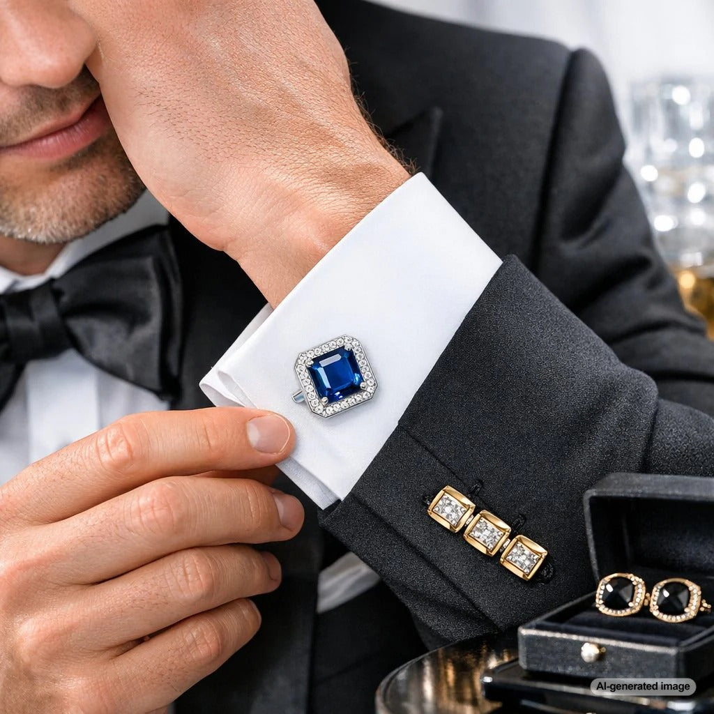 Elegant cufflinks displayed on a modern groom's formal shirt cuff
