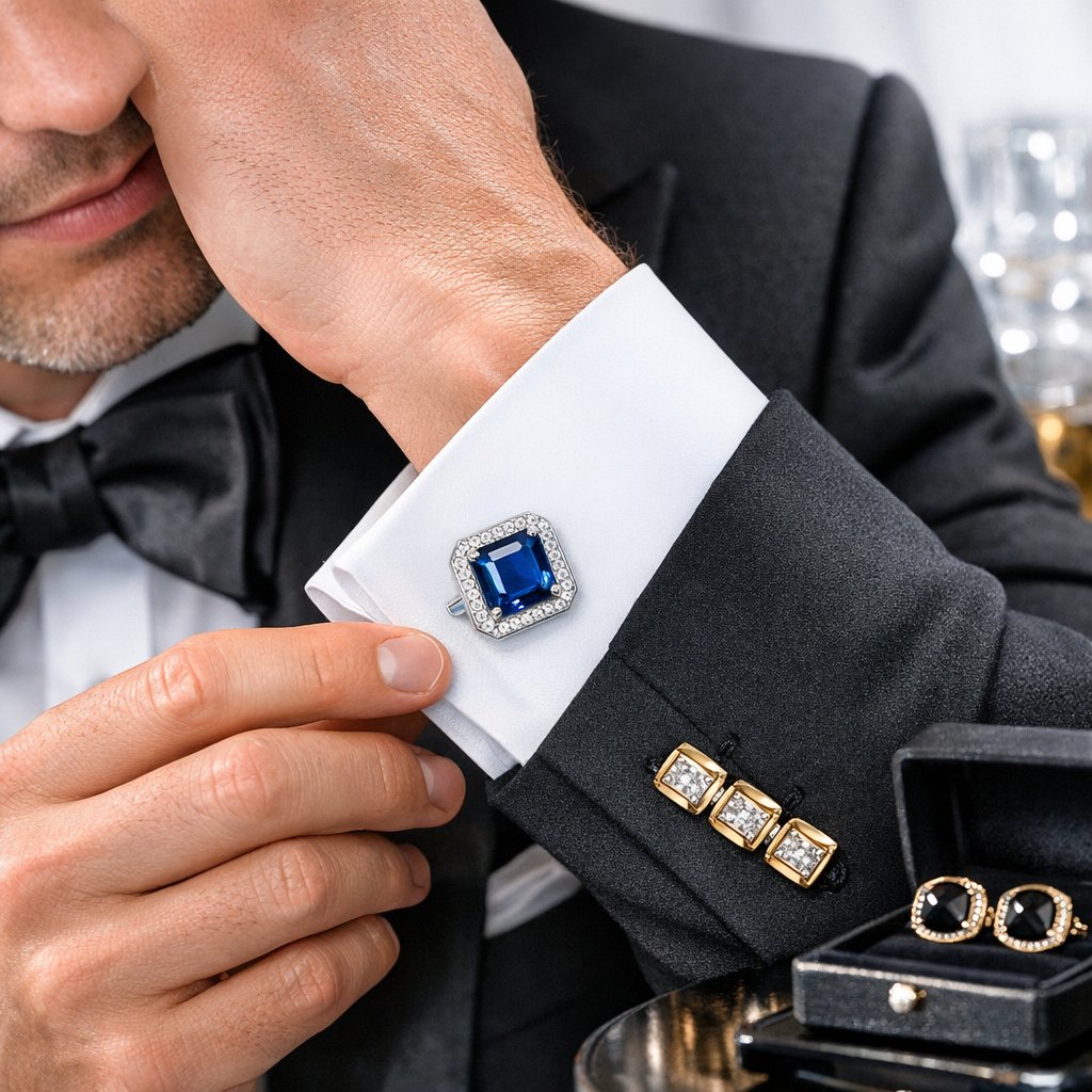 Elegant cufflinks displayed on a modern groom's formal shirt cuff