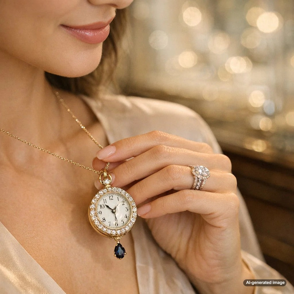 Woman wearing a gold pendant watch as a necklace, showcasing the 2026 jewelry trend of wearing time as elegant statement jewelry