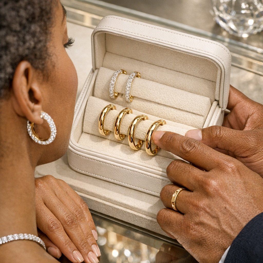 A stylish display of modern hoop earrings featuring gold, diamond, and textured designs for the contemporary woman.