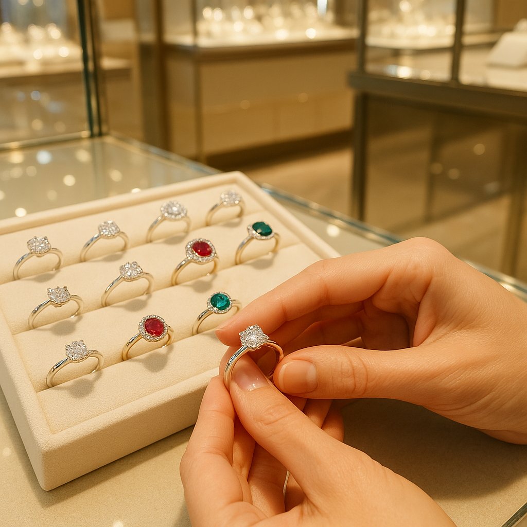 Close-up comparison of prong, bezel, and halo settings showcasing different gemstones at Robinson's Jewelers