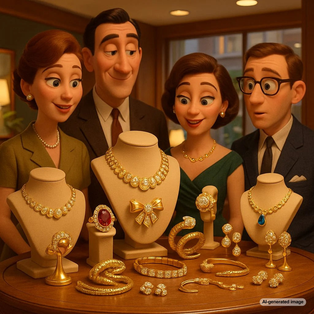 A stunning collection of retro mid-century modern jewelry featuring bold cocktail rings, chunky gold bracelets, and statement brooches from the 1940s and 1950s.