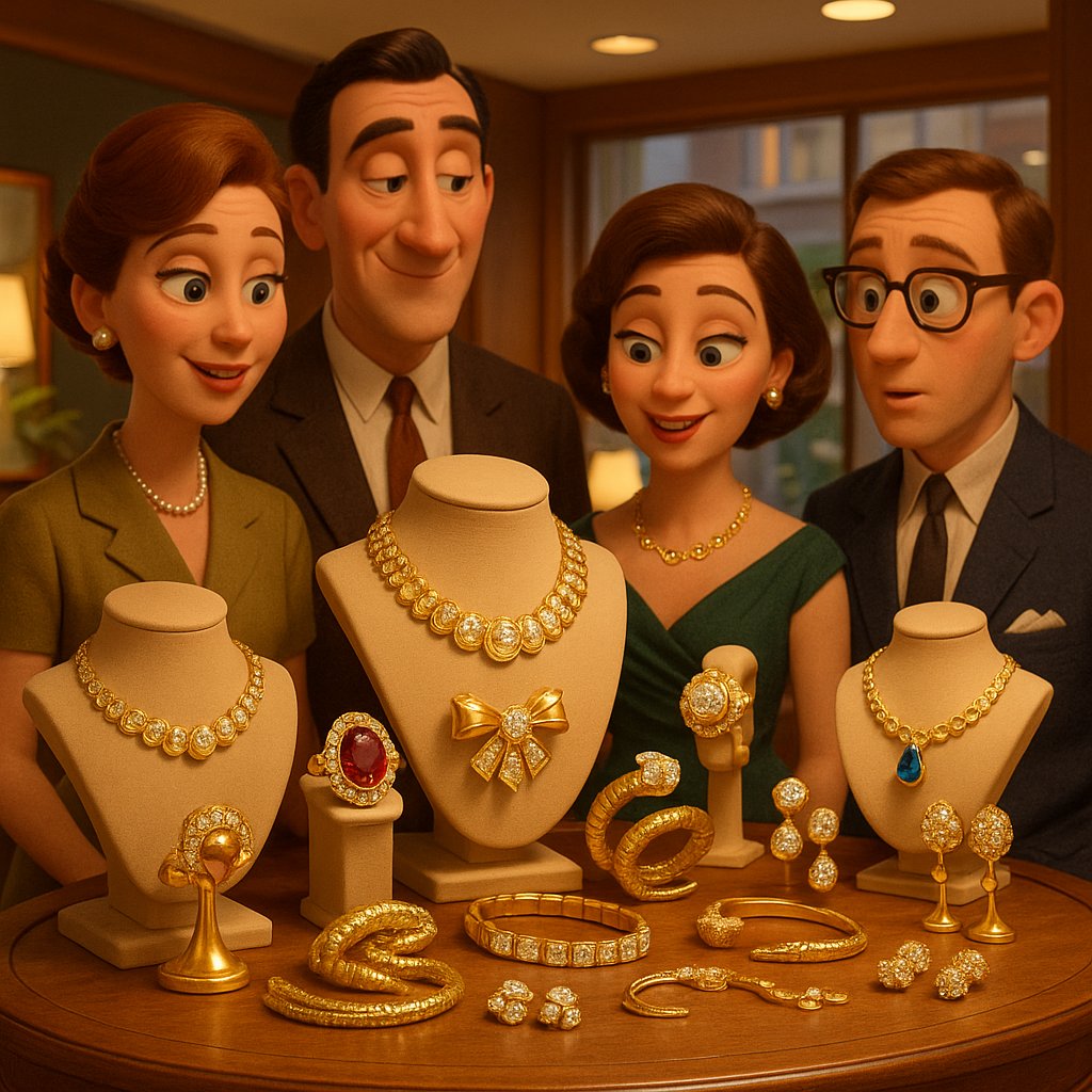 A stunning collection of retro mid-century modern jewelry featuring bold cocktail rings, chunky gold bracelets, and statement brooches from the 1940s and 1950s.