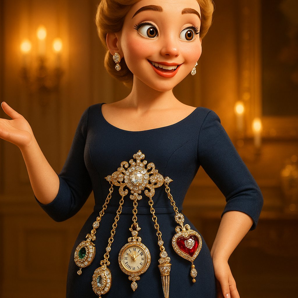 An ornate antique gold chatelaine, featuring multiple chains with hanging tools like scissors, a seal, and a notebook, displayed on dark velvet.