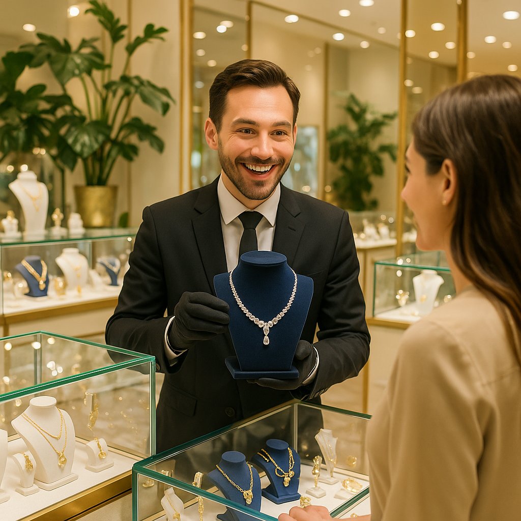 A collection of ethically sourced rings and necklaces from B Corp certified jewelers, displayed on a sustainable wood background