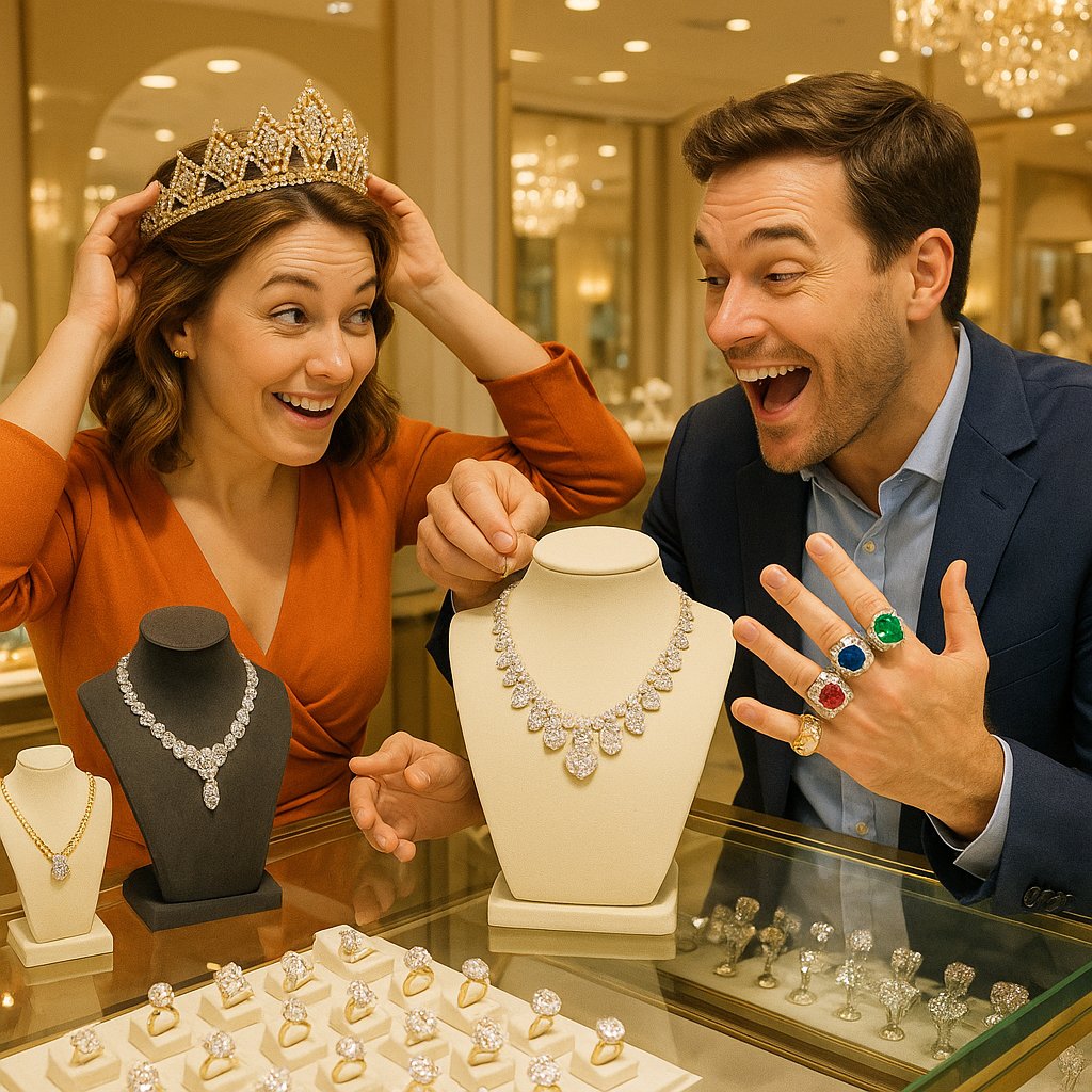 Woman admiring exquisite jewelry while on vacation in a tropical destination