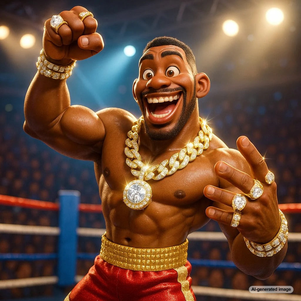 Professional fighter wearing luxury jewelry including diamond earrings and gold chains in the boxing ring