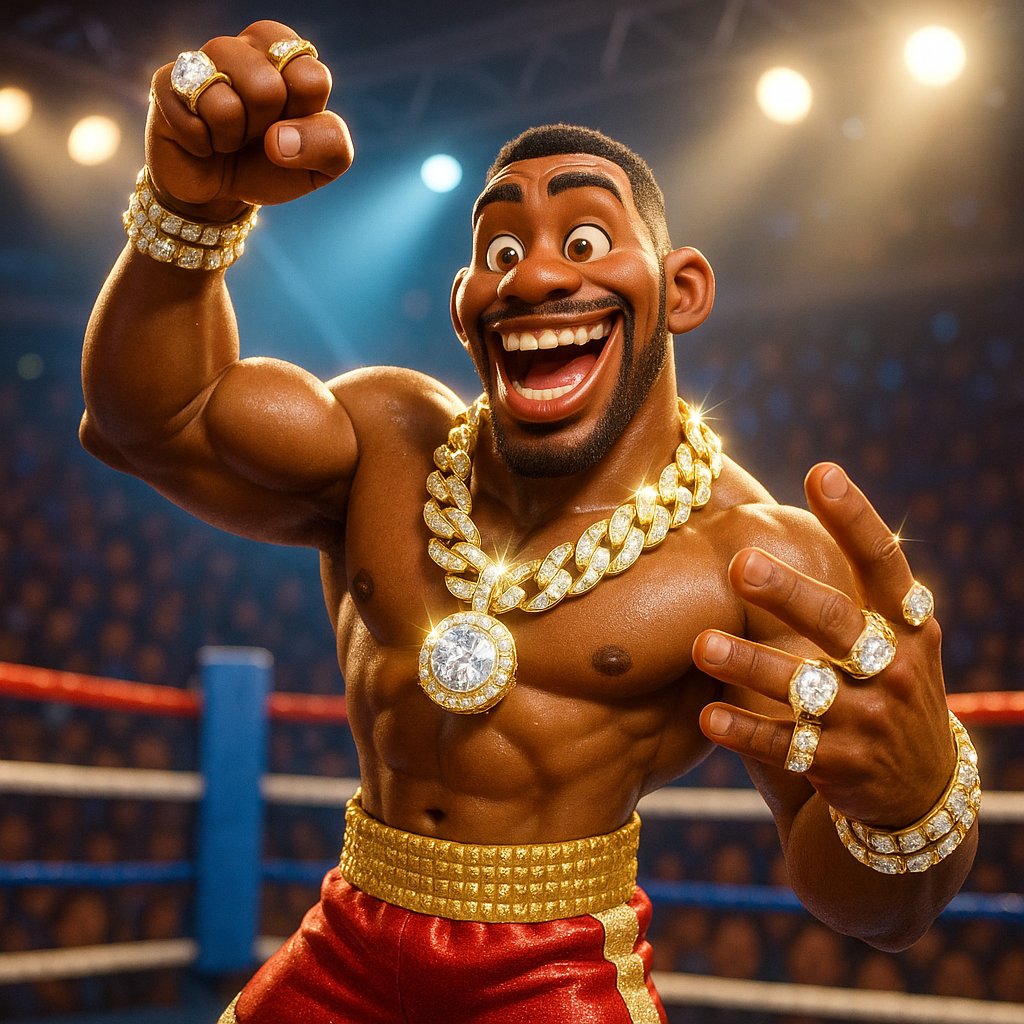 Professional fighter wearing luxury jewelry including diamond earrings and gold chains in the boxing ring