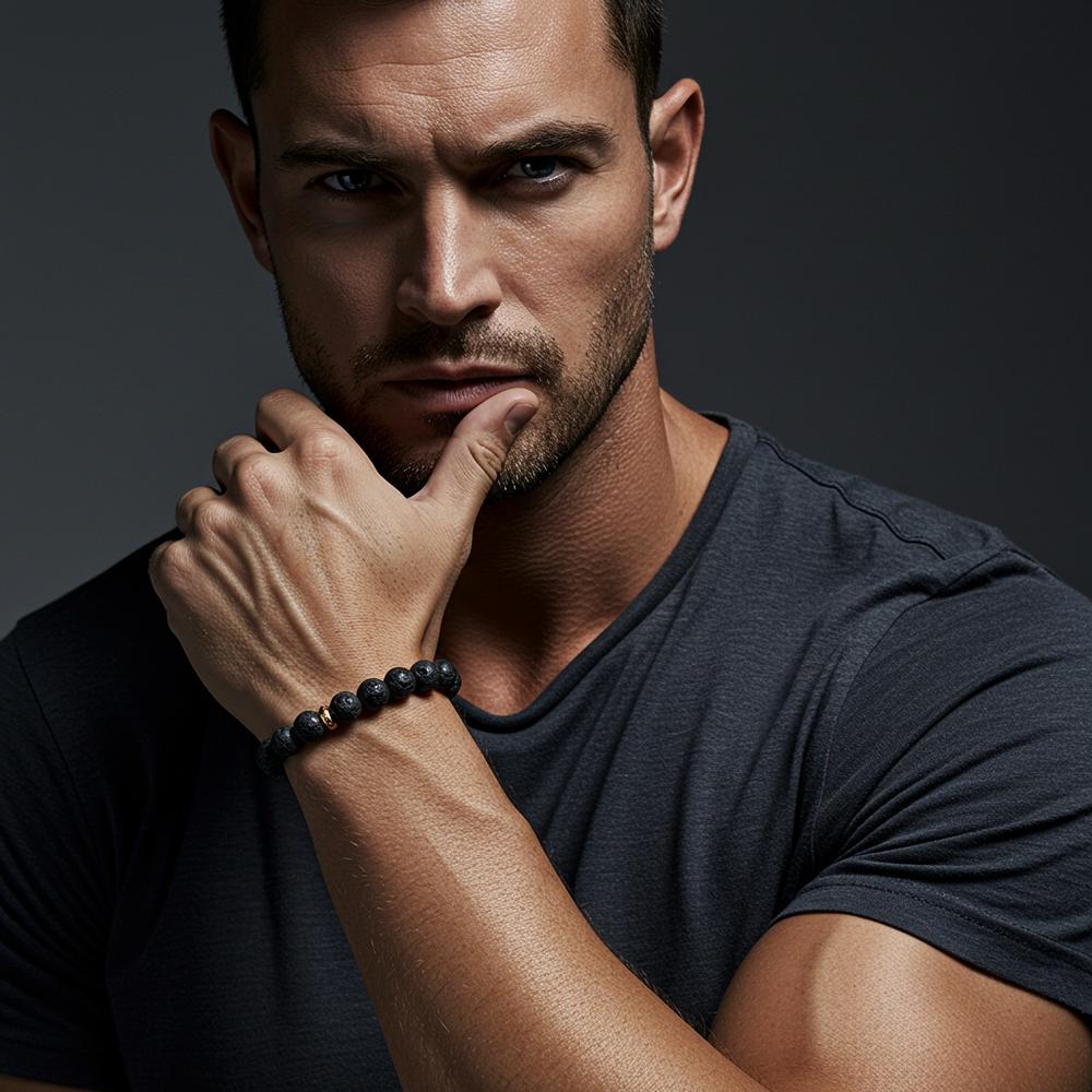 A stylish collection of men's beaded bracelets featuring onyx, tiger's eye, and lava rock beads.