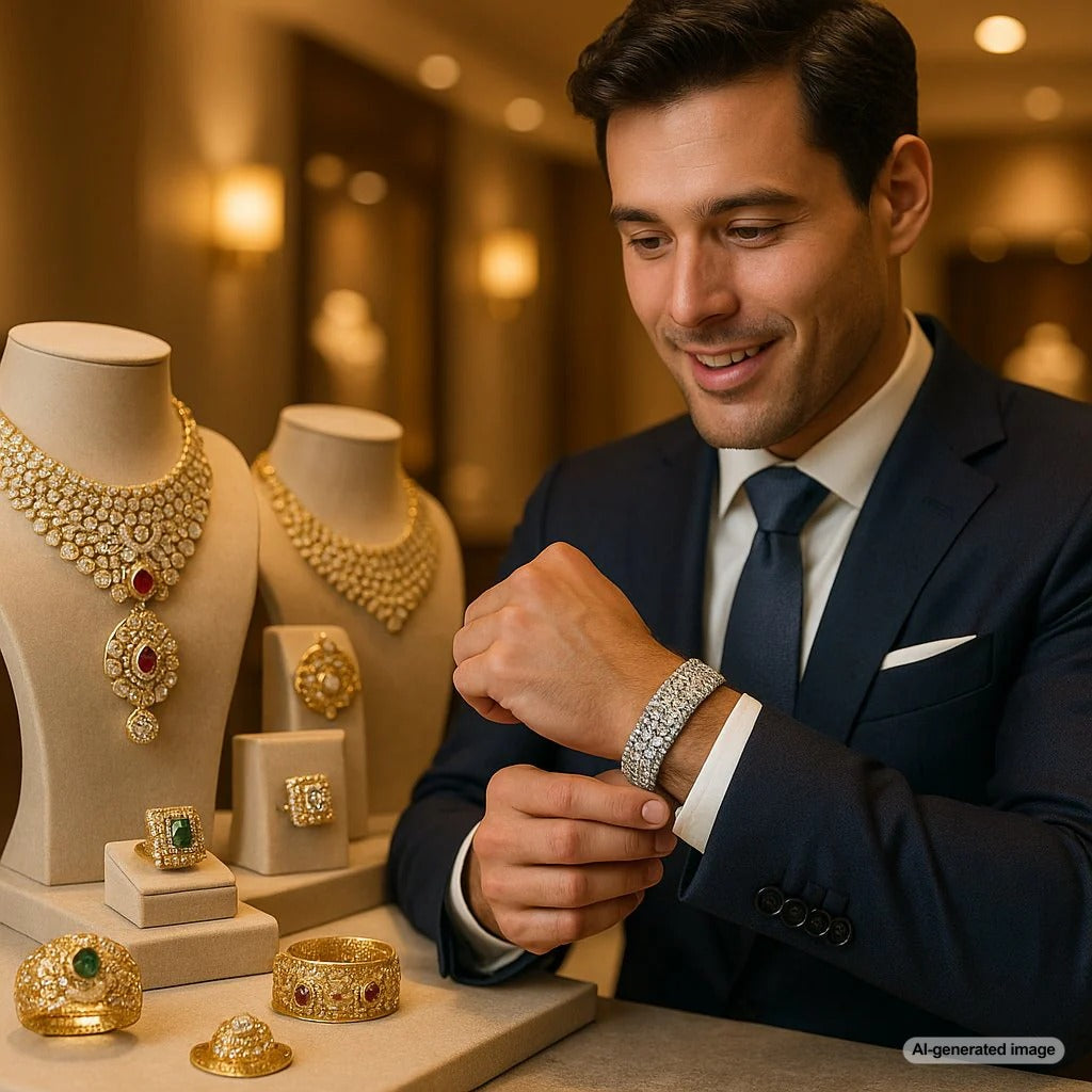 Modern groom wearing sophisticated bridal jewelry including a statement wedding band and complementary bracelet