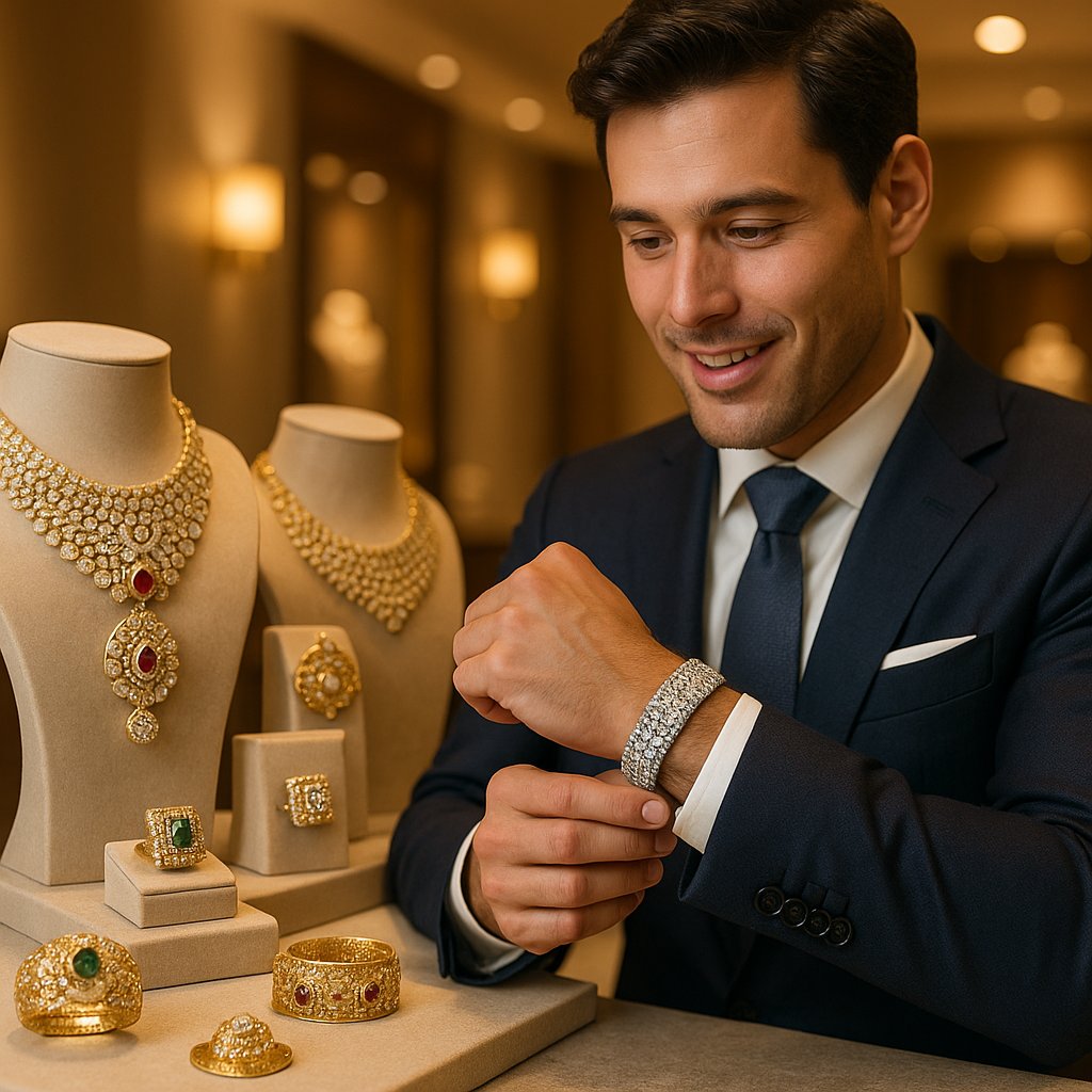 Modern groom wearing sophisticated bridal jewelry including a statement wedding band and complementary bracelet