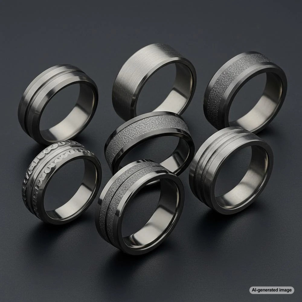 A stylish collection of men's titanium rings featuring modern designs and durable craftsmanship.