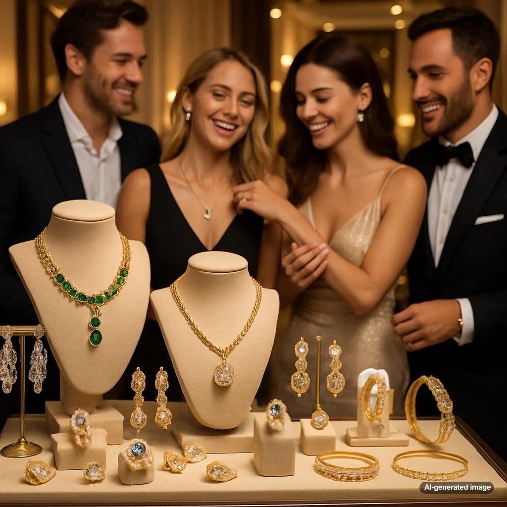 A curated collection of elegant, non-matching fine jewelry gifts for a bridal party, featuring bracelets, necklaces, and earrings on velvet