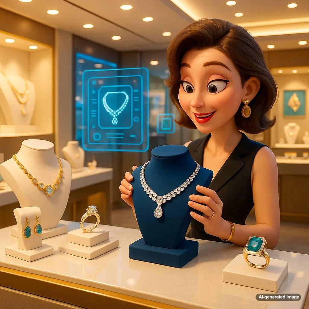 Phygital jewelry blending physical diamonds with digital NFT elements in an elegant display