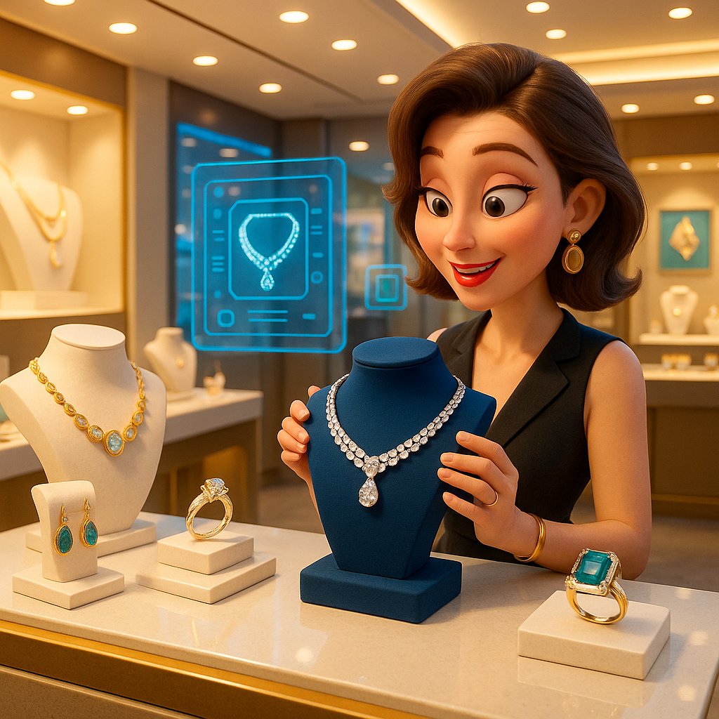 Phygital jewelry blending physical diamonds with digital NFT elements in an elegant display