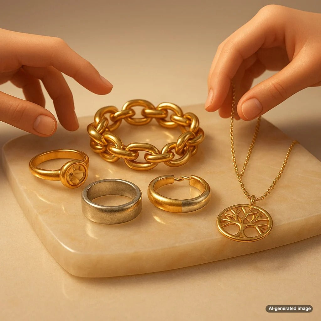 Elegant recycled gold and silver jewelry collection at Robinson's Jewelers showcasing sustainable luxury
