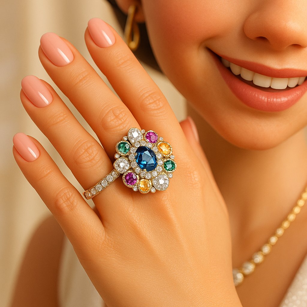 A stunning collection of right hand rings featuring diamonds and colorful gemstones from Robinson's Jewelers