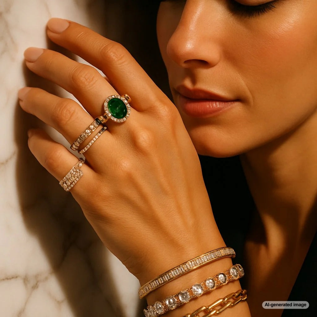 A stunning collection of self-love jewelry, including engraved rings, mantra bracelets, and symbolic necklaces, displayed elegantly on a velvet tray