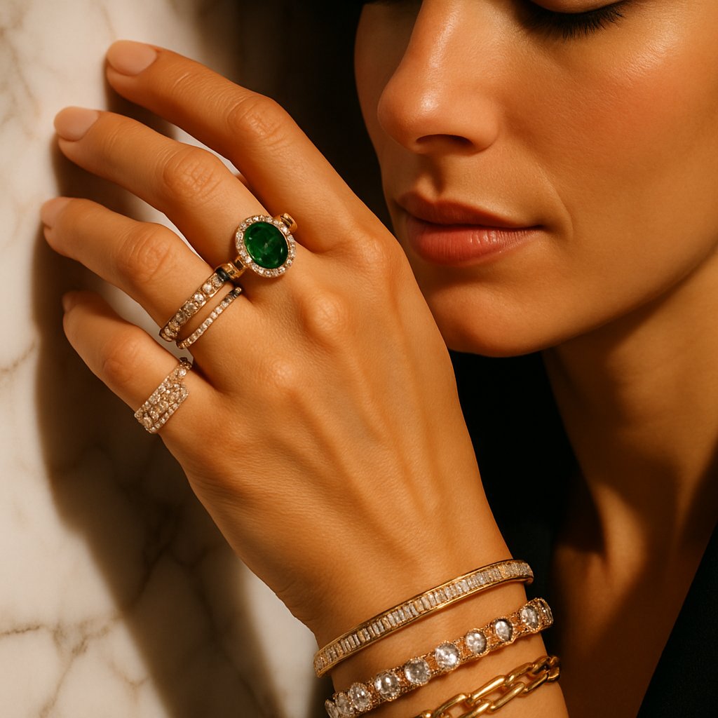 A stunning collection of self-love jewelry, including engraved rings, mantra bracelets, and symbolic necklaces, displayed elegantly on a velvet tray