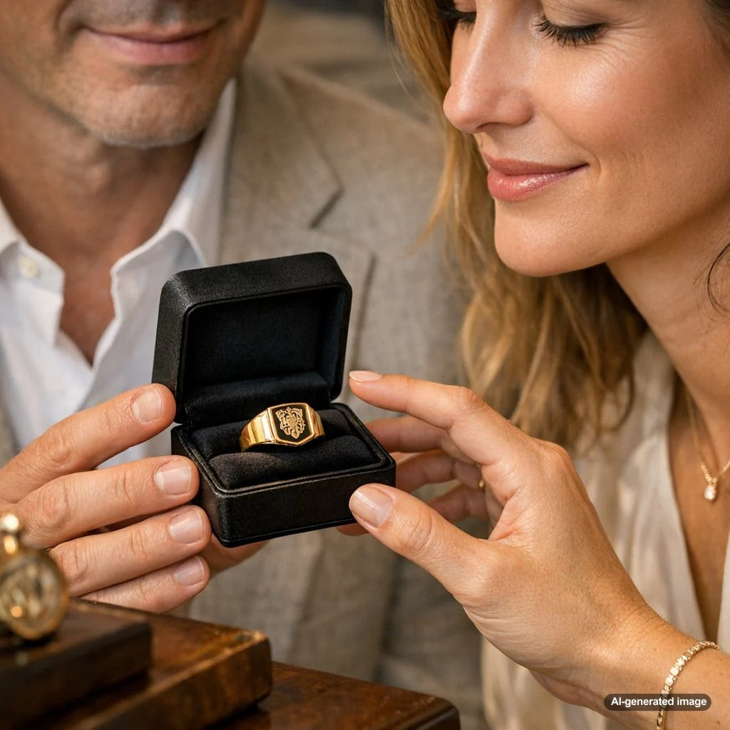 A modern gold signet ring resting on an open book showing family crests and personal engravings next to a wax seal stamp