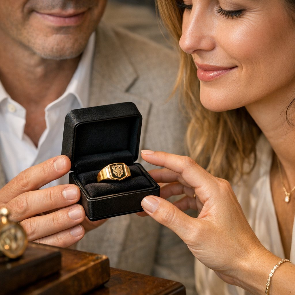 A modern gold signet ring resting on an open book showing family crests and personal engravings next to a wax seal stamp