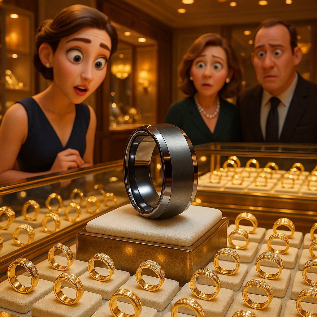 Modern tungsten carbide wedding bands with sleek black and silver finishes