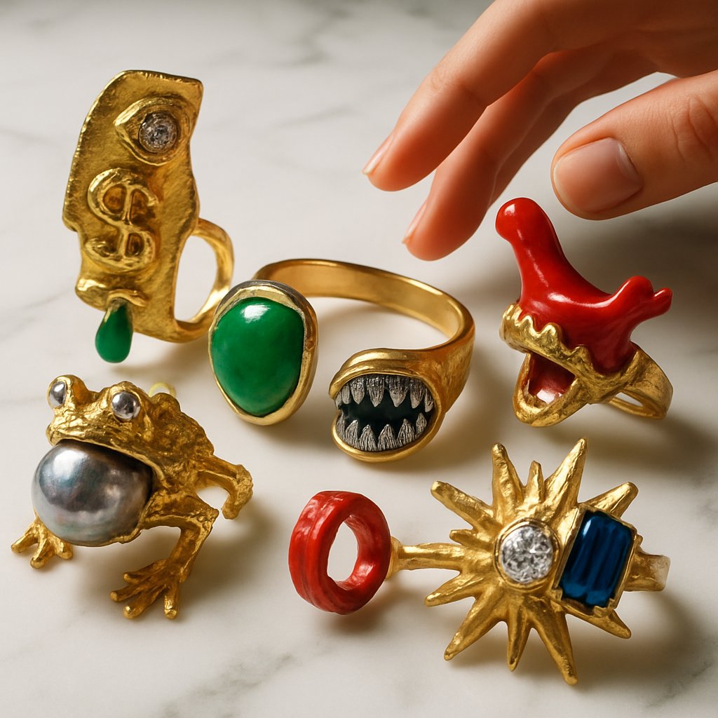 Bold and quirky ugly chic jewelry pieces from Robinson's Jewelers, featuring asymmetrical designs and unconventional styles
