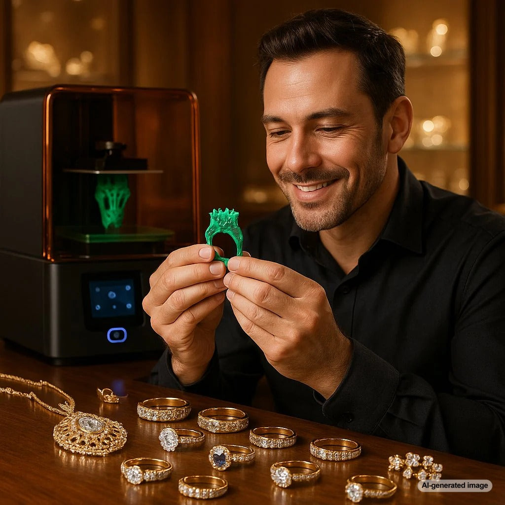 Close-up of a 3D printer creating a detailed wax prototype of an intricate ring, showcasing the technology behind modern custom jewelry design.