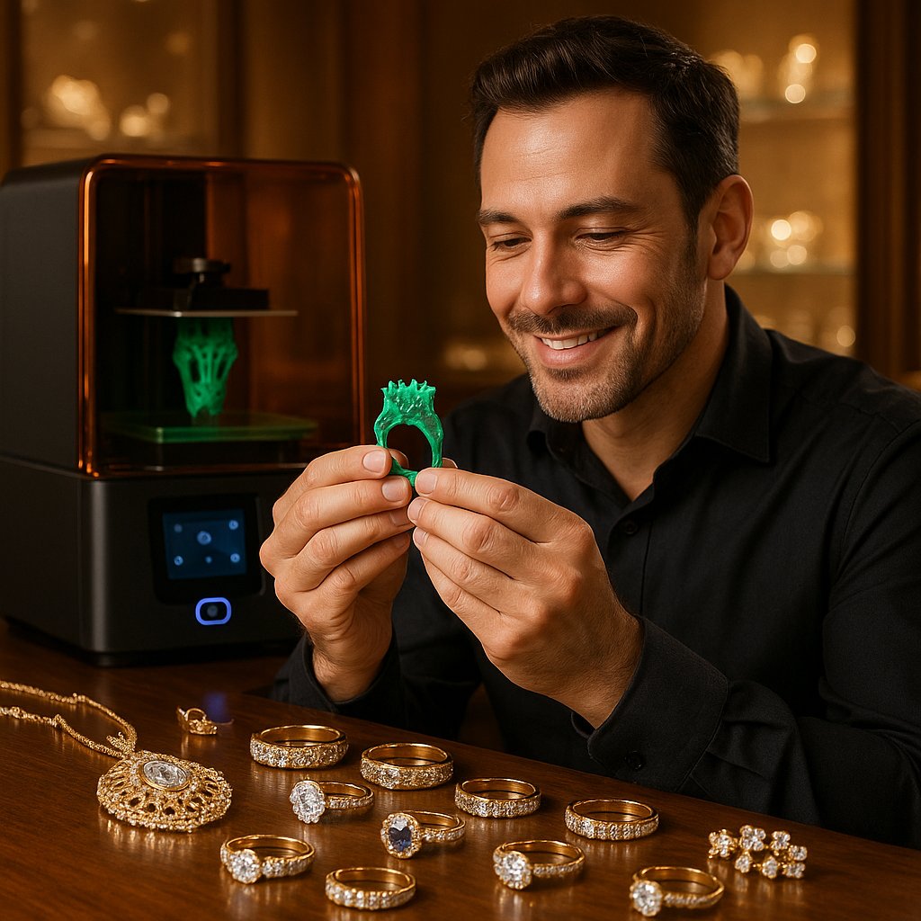 Close-up of a 3D printer creating a detailed wax prototype of an intricate ring, showcasing the technology behind modern custom jewelry design.