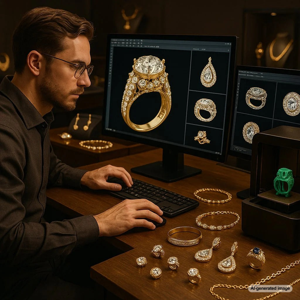 Close-up of a 3D printed jewelry wax model and the final cast piece, showcasing the precision of CAD/CAM technology
