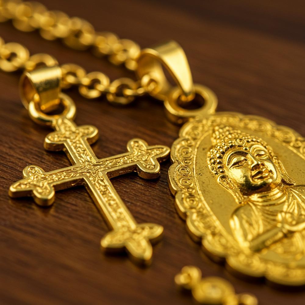 Elegant gold religious jewelry including a cross pendant and charm bracelet.