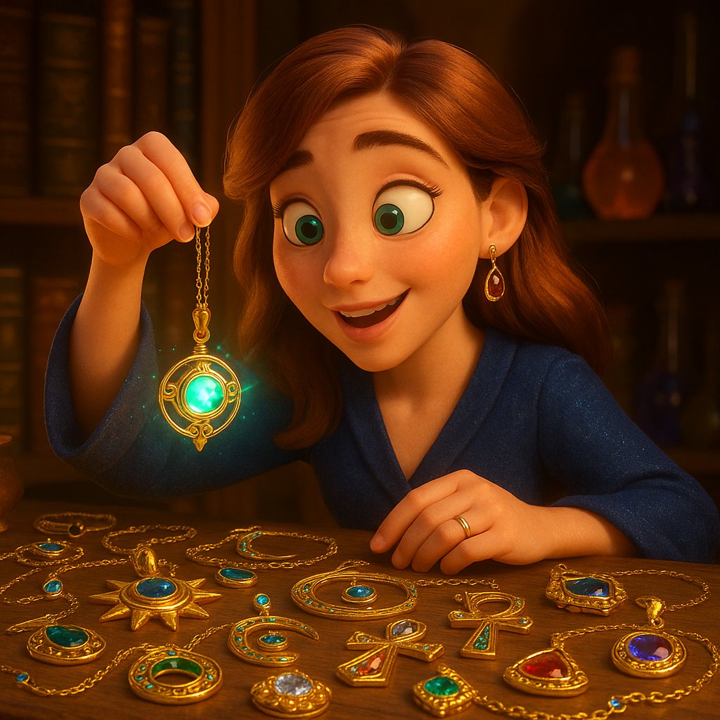 Antique alchemical jewelry featuring engraved symbols, gemstones, and mystical designs on a dark background