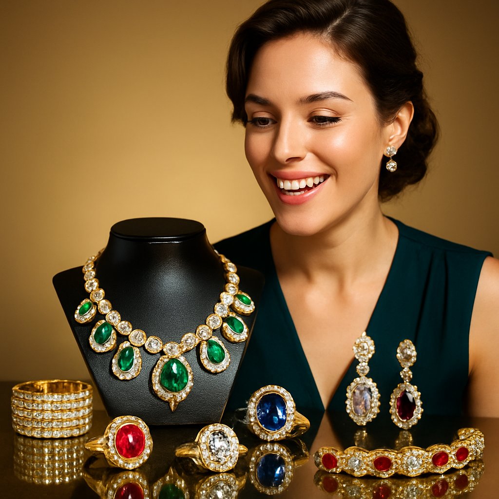 A curated collection of luxury investment grade jewelry including diamond rings and gold bracelets displayed on a dark background