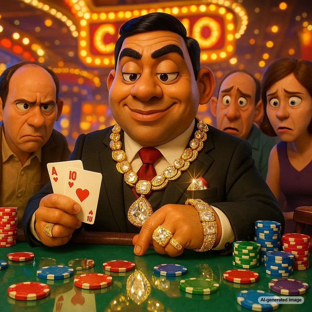 Luxury jewelry pieces including diamond rings and gold watches displayed on a poker table with chips and cards