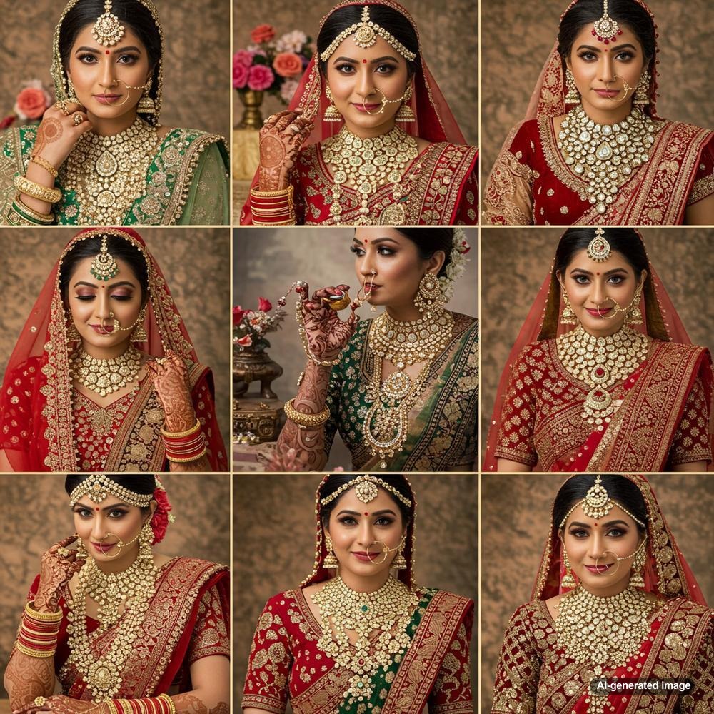 An Indian bride adorned with traditional gold and gemstone jewelry, featuring a mangalsutra, maang tikka, bangles, and a nose ring, highlighting the cultural significance of bridal adornments.