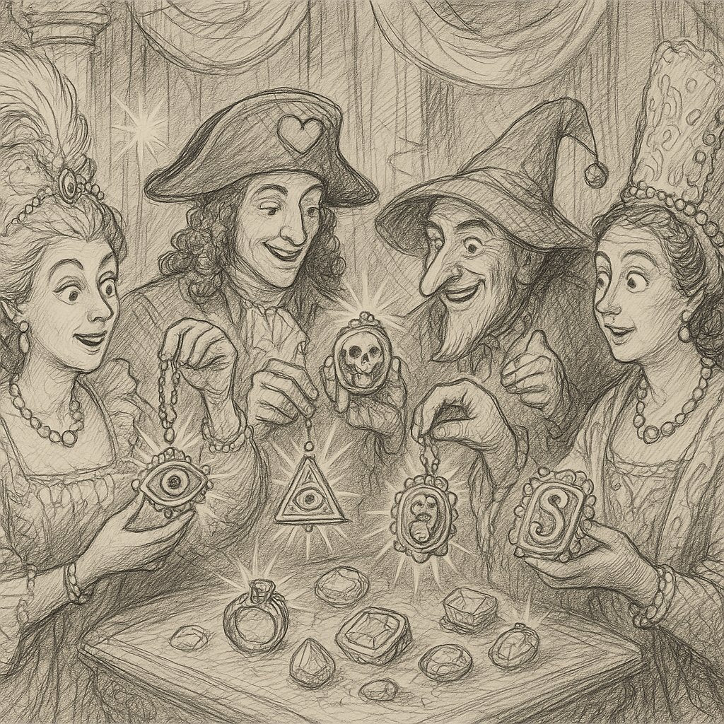 Antique and symbolic jewelry pieces with hidden meanings from secret societies displayed on velvet