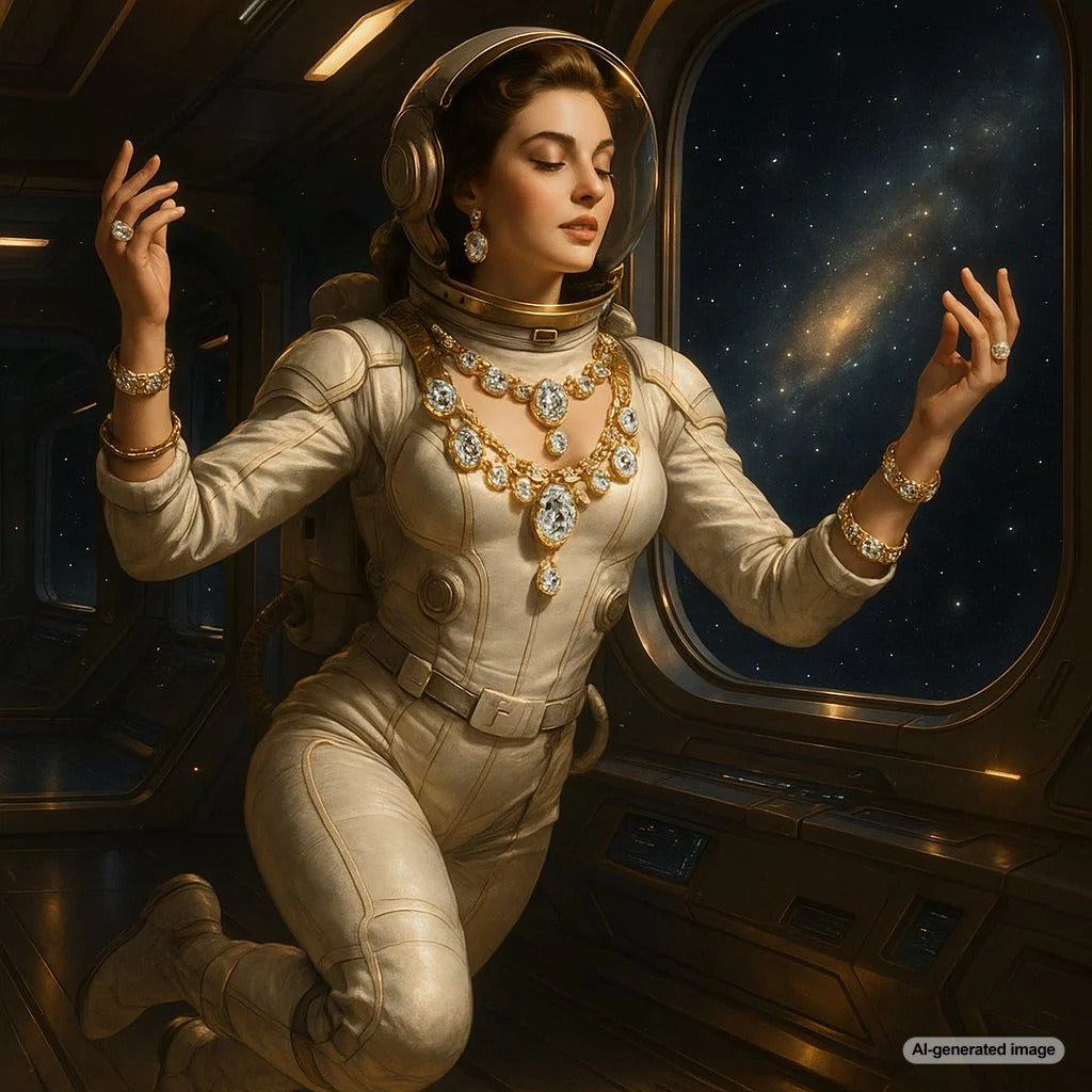 Astronaut wearing a sleek titanium bracelet while floating in the International Space Station, with Earth visible in the background