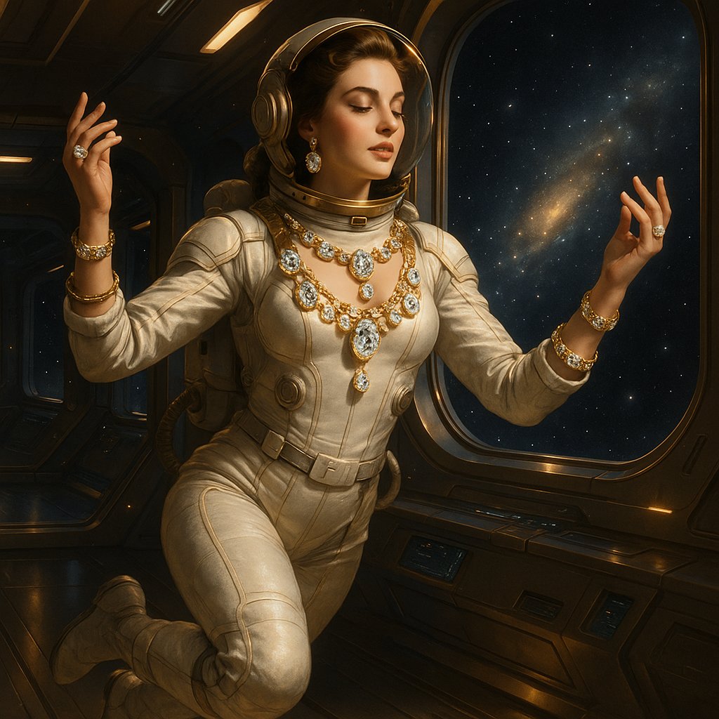 Astronaut wearing a sleek titanium bracelet while floating in the International Space Station, with Earth visible in the background