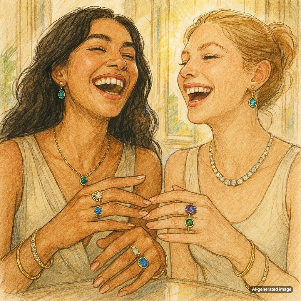 Two women laughing while wearing matching friendship bracelets and stacking rings