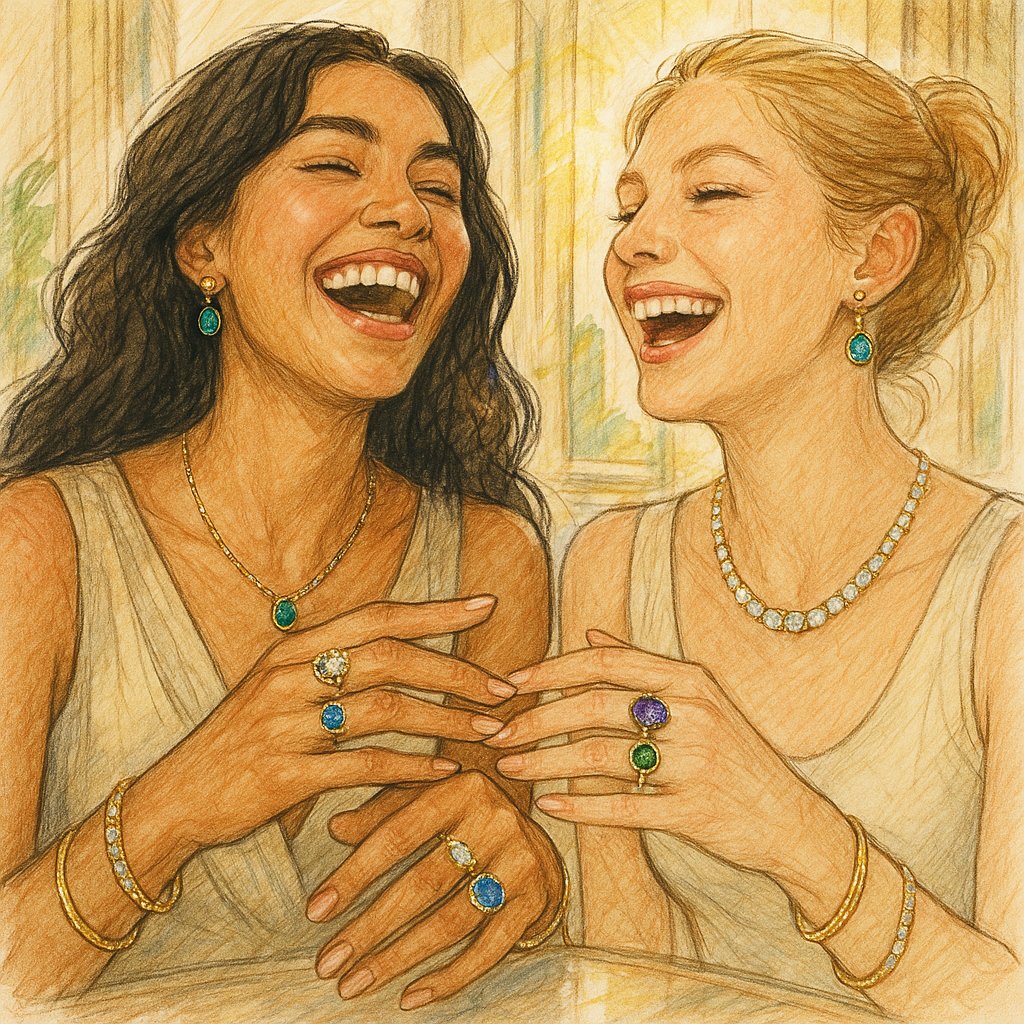 Two women laughing while wearing matching friendship bracelets and stacking rings
