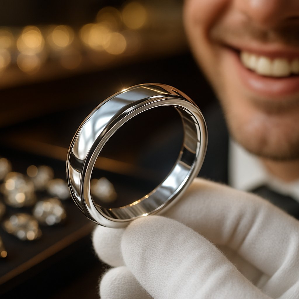 Close-up image showing the brilliant white luster of a rhodium-plated white gold ring next to a slightly worn ring, highlighting the difference.